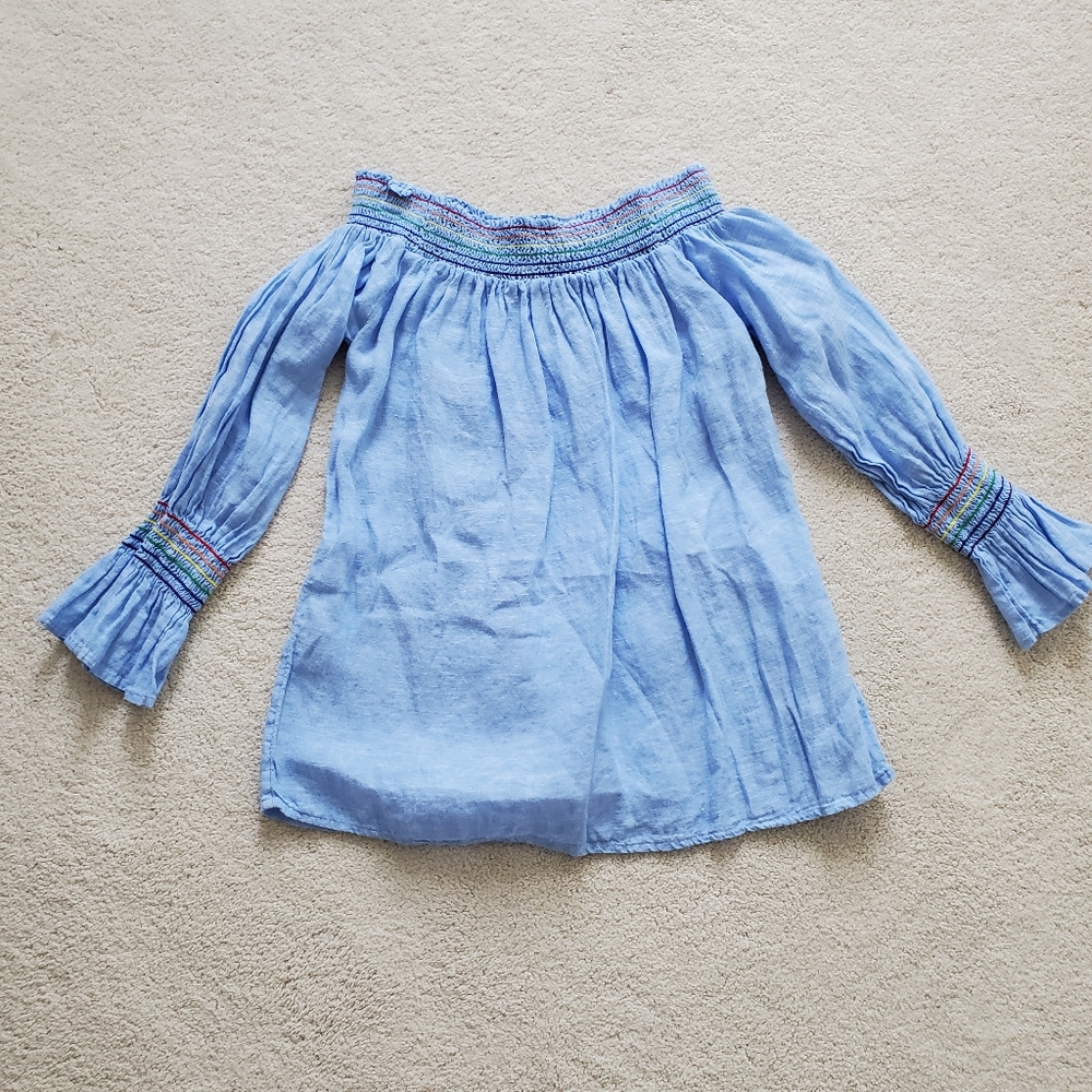 C&C California Blue Linen Off-shoulder Rainbow Smocked Shirt szS